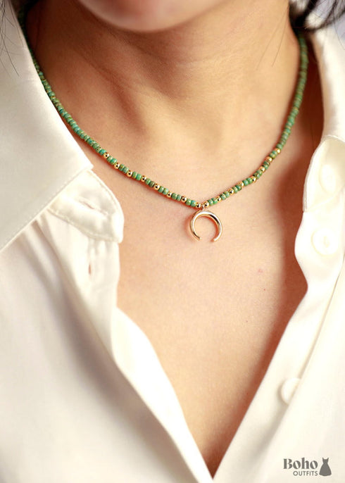 Boho Necklace, Seed Beads Gold Horn Evil Eye Heart Pendant